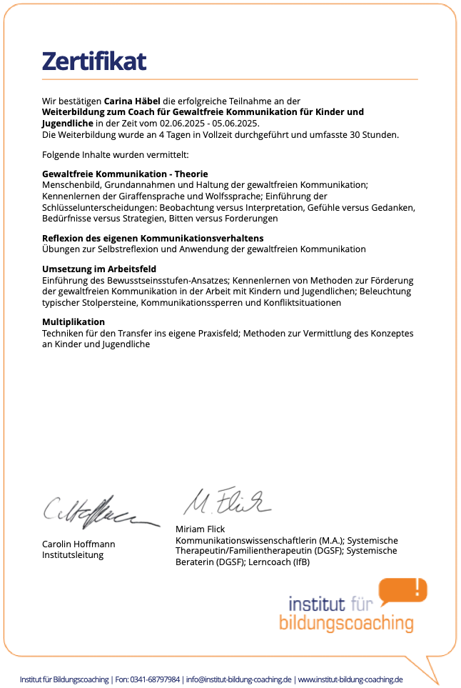 Zertifikat aus dem Jahr 2025 für Coachin für gewaltfreie Kommunikation mit Kindern und Jugendlichen Zertifikat aus dem Jahr 2025 für Coachin für gewaltfreie Kommunikation mit Kindern und Jugendlichen