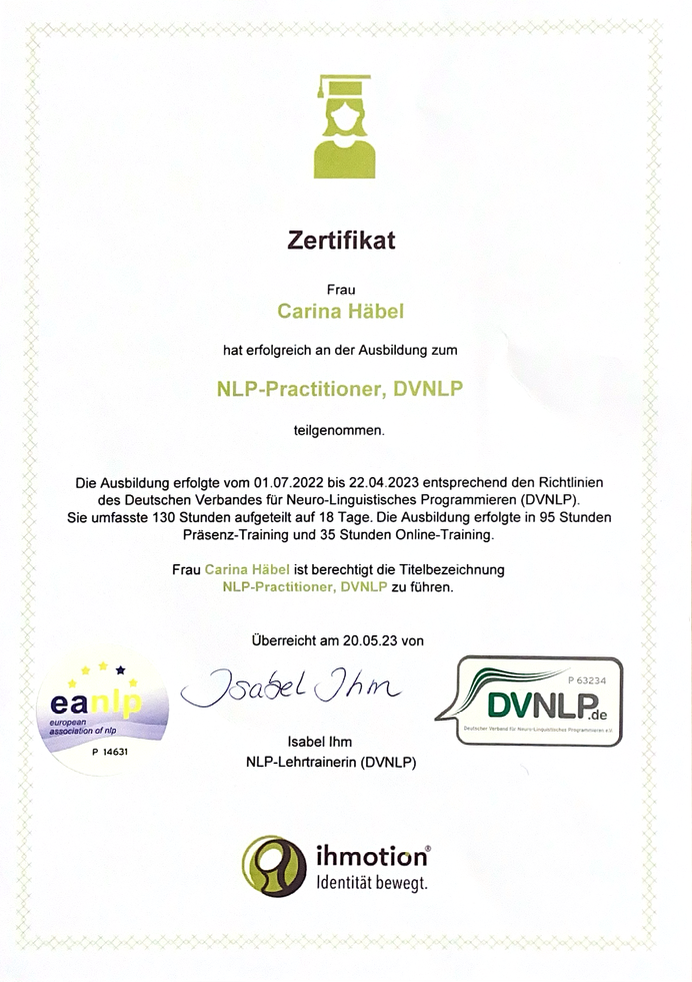 Zertifikat aus dem Jahr 2023 - NLP Practicioner Zertifikat aus dem Jahr 2023 - NLP Practicioner