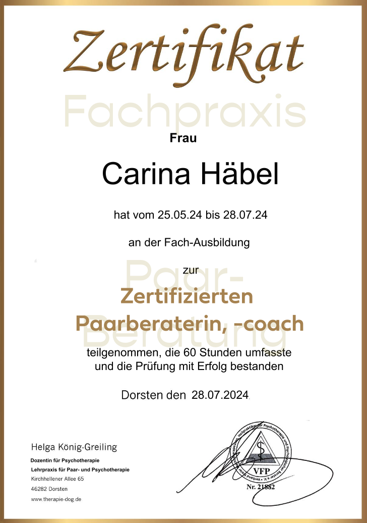 Zertifikat zertifizierte Paarberaterin Zertifikat zertifizierte Paarberaterin