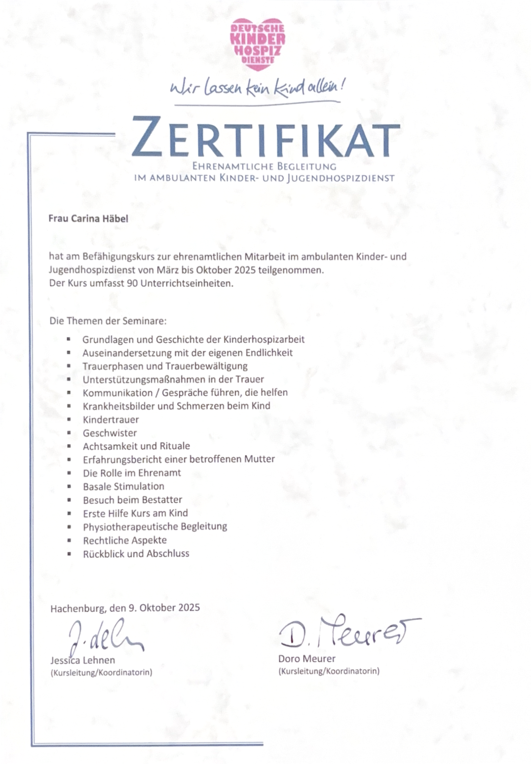Zertifikat ehrenamtliche Begleitung im ambulanten Kinder- und Jugenhospiz