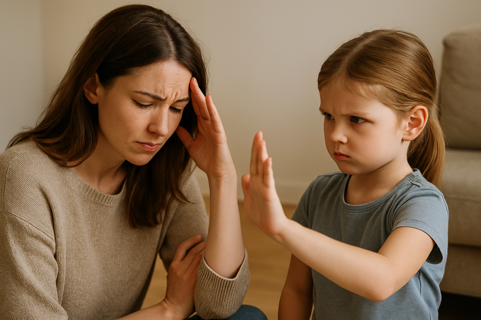 Mama hält sich ihren Kopf und schaut traurig nach unten, ihre Tochter schaut wütend und hält ihr die Hand hin, sie drückt damit "stopp, nein" aus