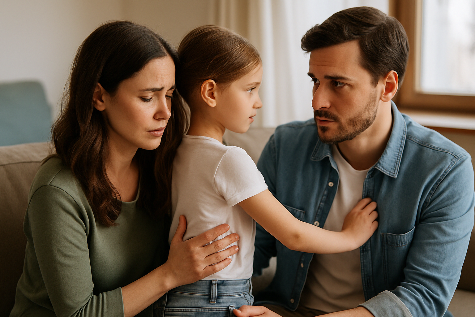 Mama hält Kind am Rücken, Kind blickt Papa an und Mama und Papa schauen besorgt
