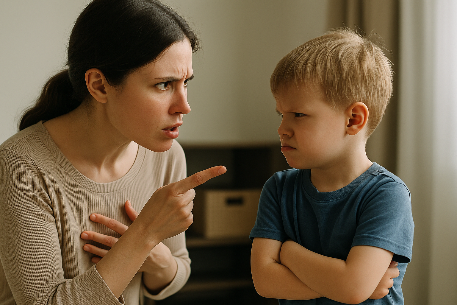 Mama schaut wütend und zeigt mit dem Zeigefinger auf ihren Sohn, der mit verschränkten Armen vor ihr steht und ebenfalls wütend guckt