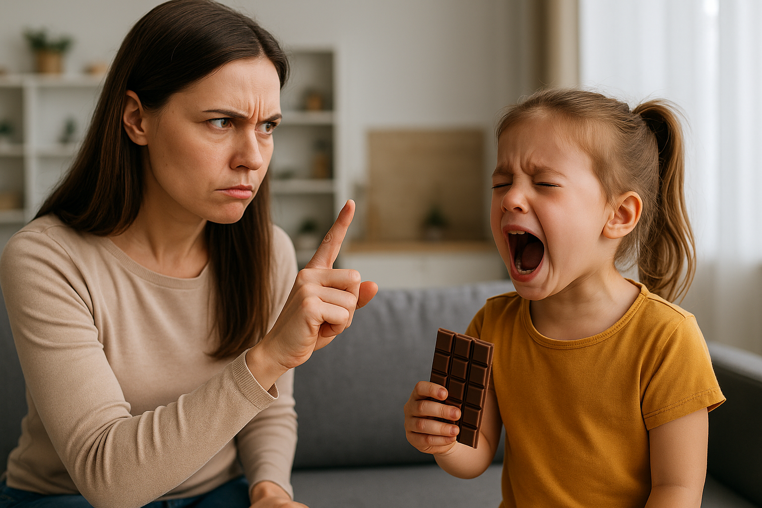 Mama streckt den Zeigefinger und Kind schreit mit Schokolade in der Hand