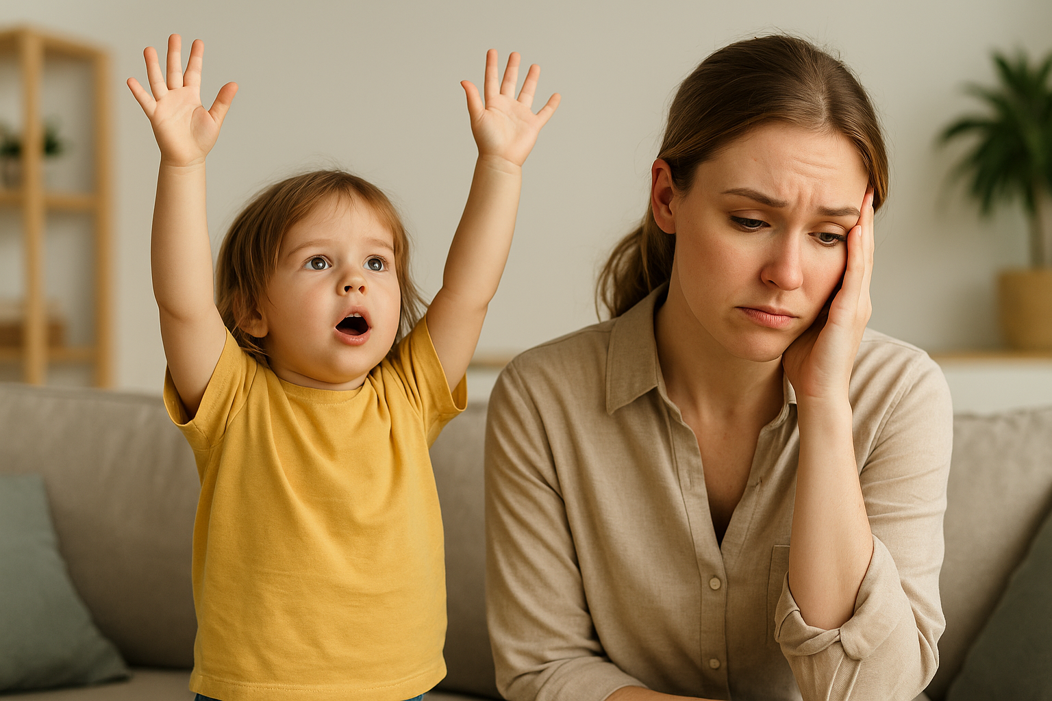 Ein Kind dass die Arme hochhält, weil es getragen werden möchte und eine Mama, die dabei erschöpft schaut.