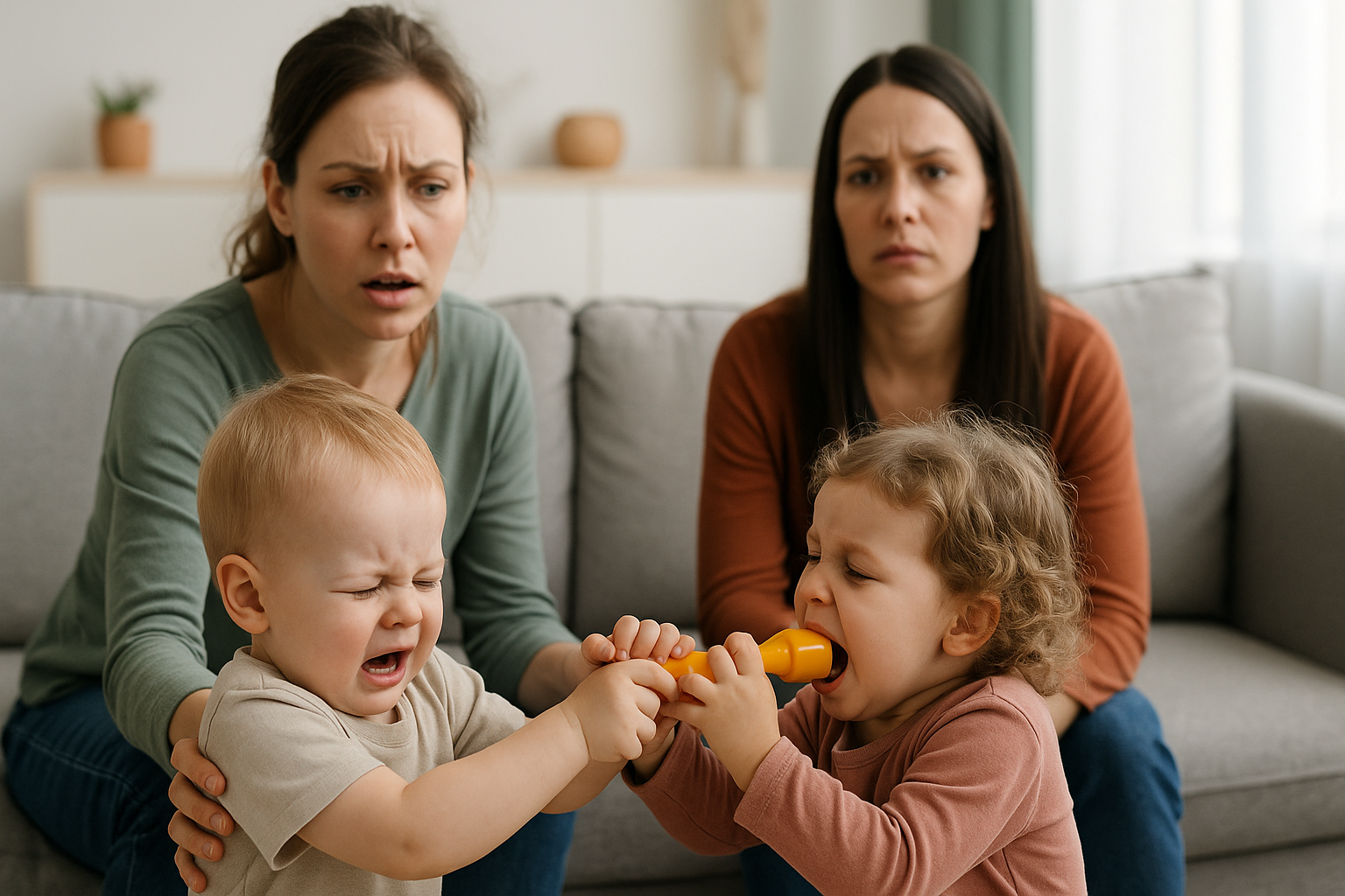 Befreundete Mütter sitzen hinter ihren Kindern, die sich um ein Spielzeug streiten
