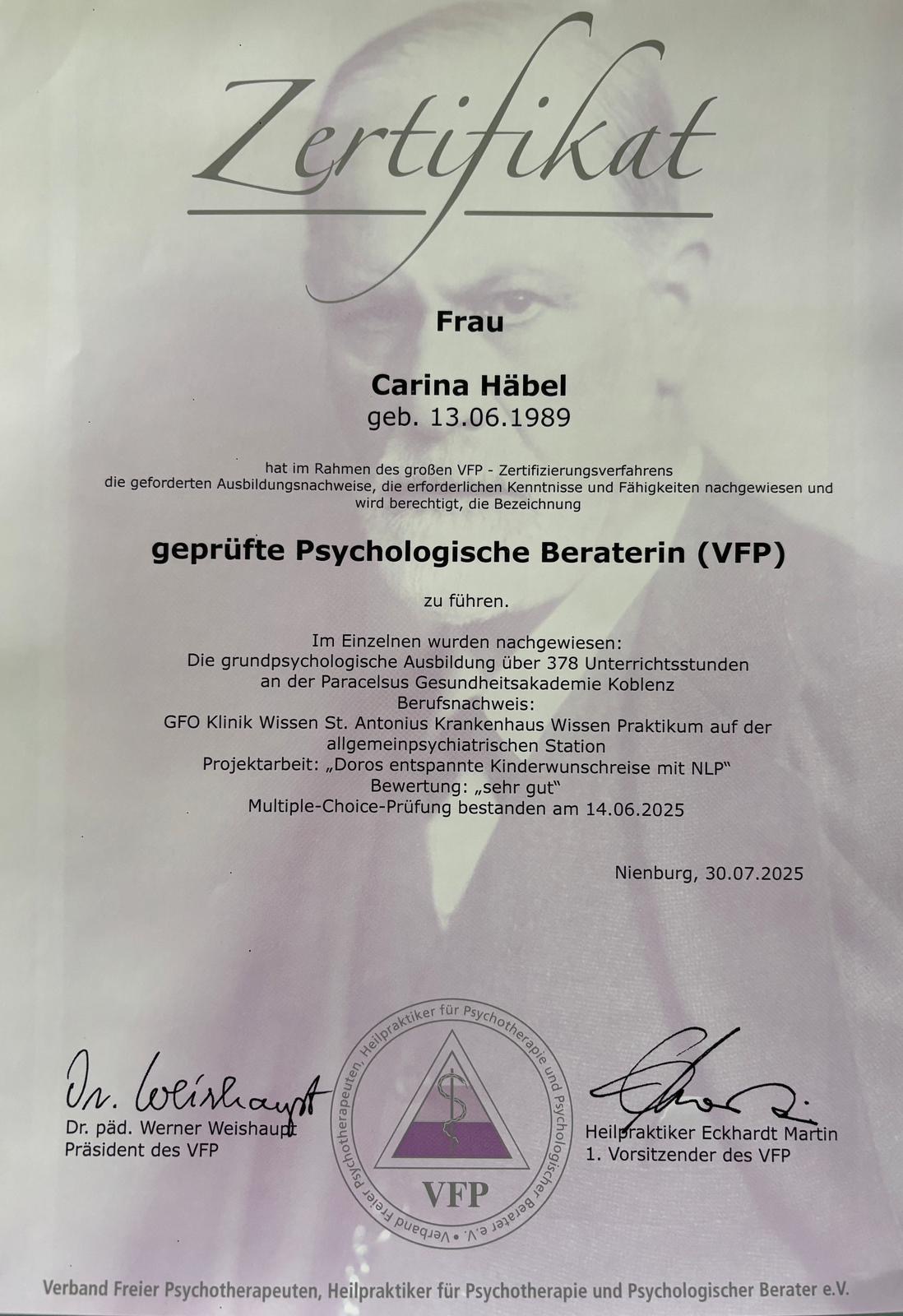 Zertifikat geprüfte psychologische Beraterin nach VFP Zertifikat geprüfte psychologische Beraterin nach VFP